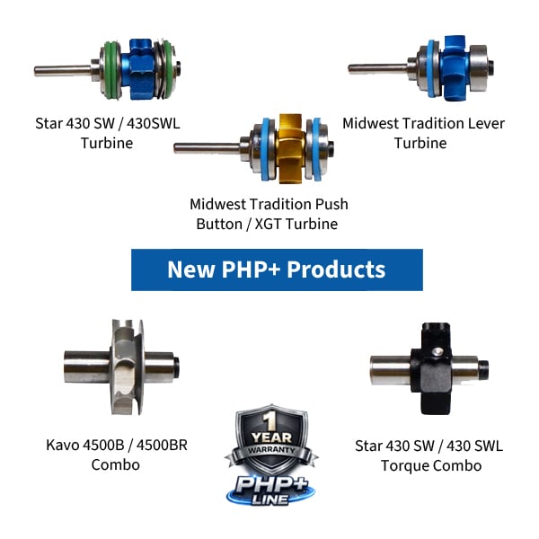 PHP+ product line of dental high speed turbines and combos sub-assemblies with 1 year warranty from Premium Handpiece Parts